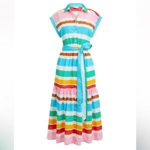 NWT JCrew Maxi Collared Shirt Dress Womens 6 Turquoise White Stripe Midi Cotton